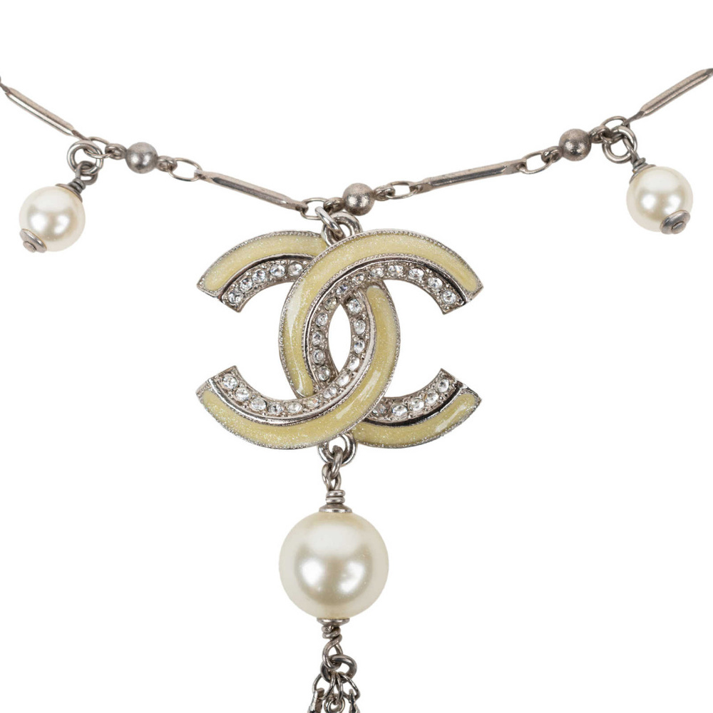 CHANEL Yellow Enamel Interlocking CC Pearl Drop Necklace